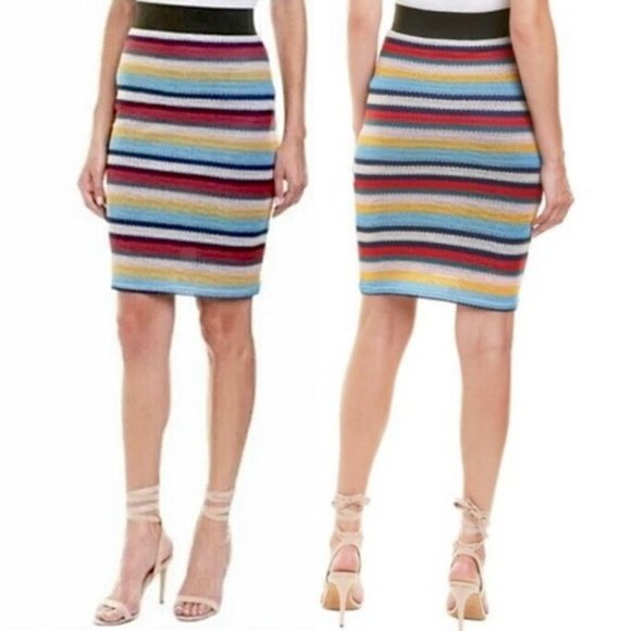 NWT Parker Knit Pencil Skirt Sz L Multicolor Rainbow Stripe Elastic Waist - Picture 1 of 8